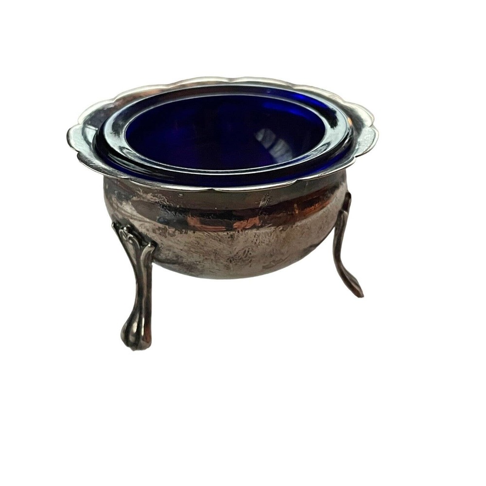 Rare Antique Webster Sterling Silver Footed Salt Cellar with Cobalt Blue Liner